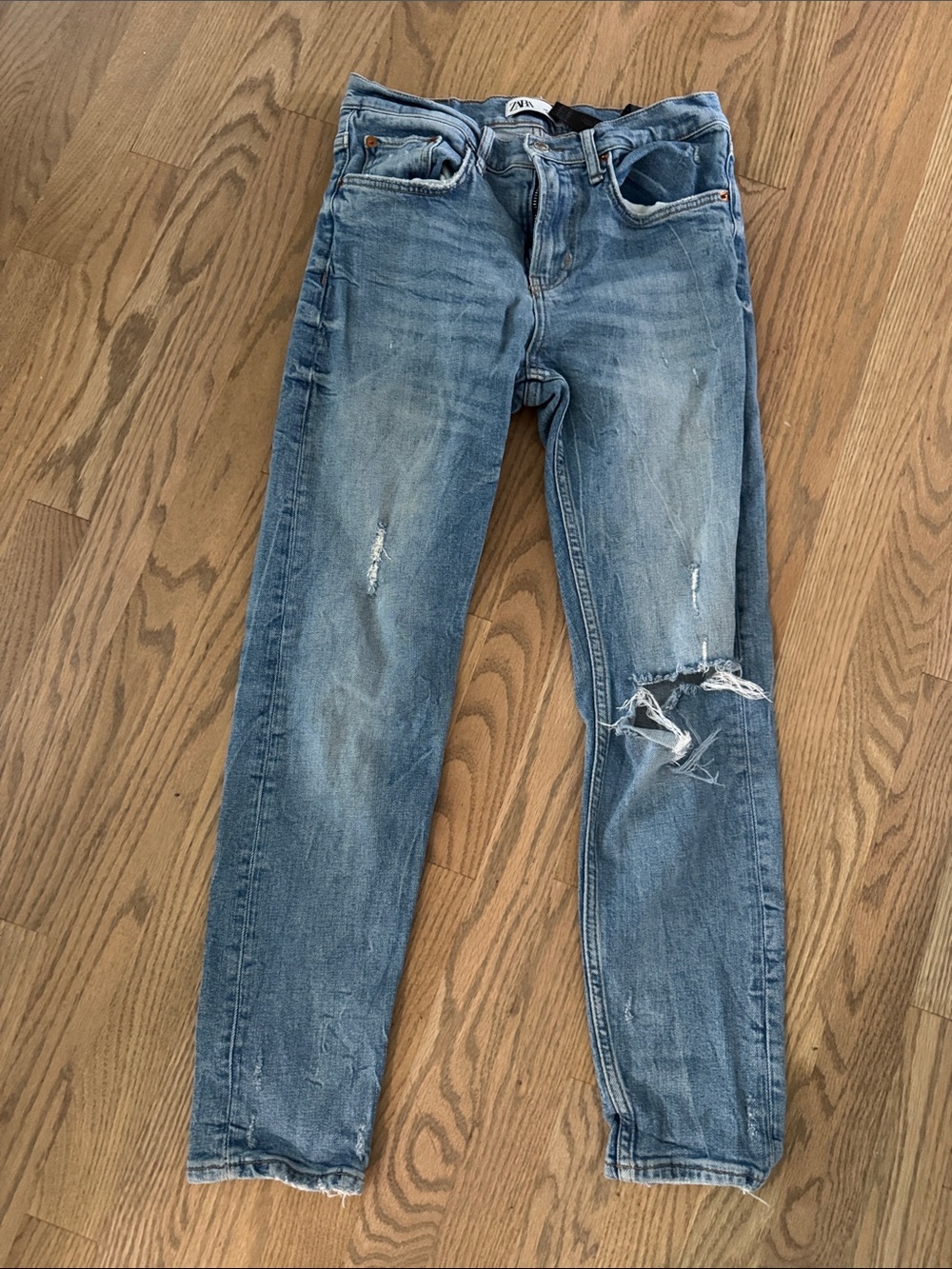 Zara Medium Wash Distressed Boyfriend Jeans
